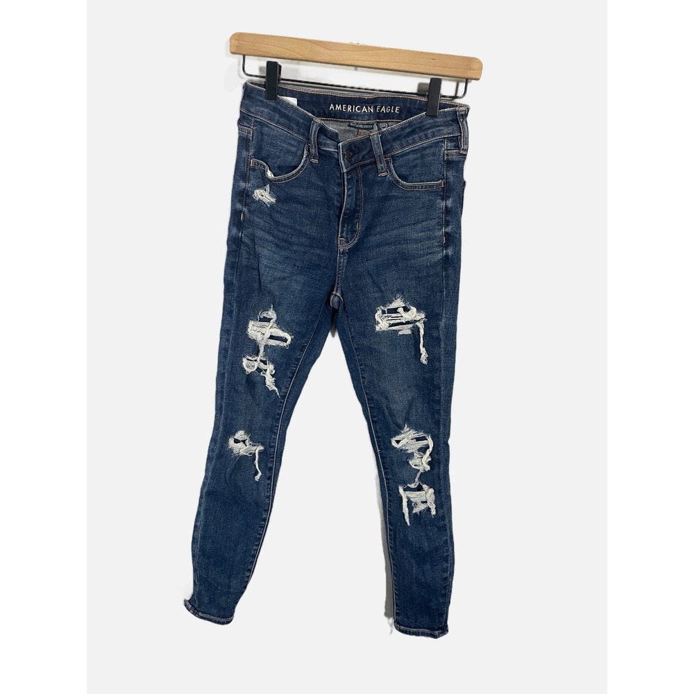 American Eagle Jegging Women 4 Blue Distressed High Rise Raw Hem Stretch